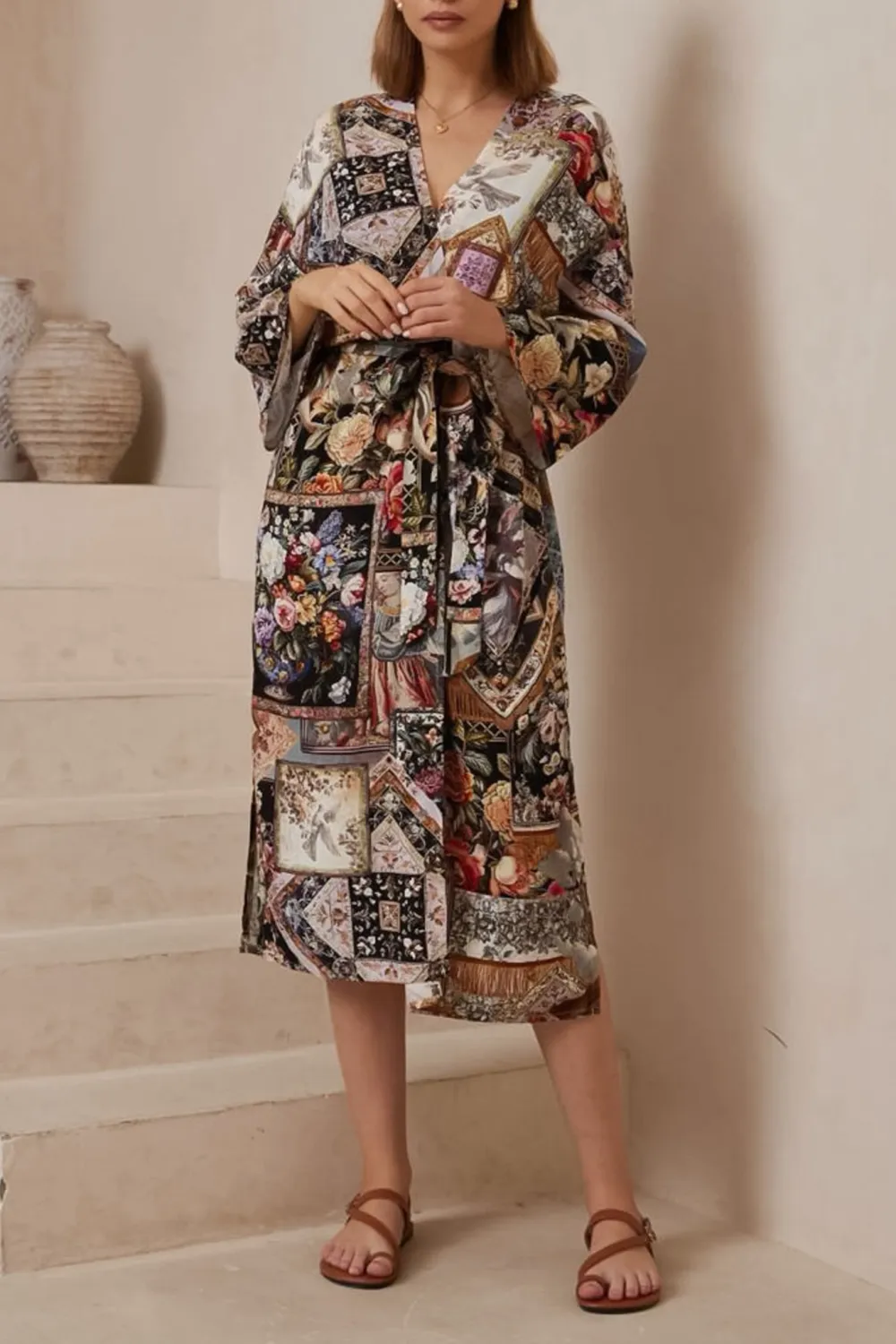 Wrap Kimono With Waist Tie In Print