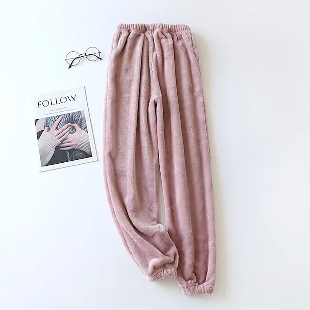 Women's Fleece Fluffy Fuzzy Warm Pajamas Pants Pjs Pure Color Simple Comfort Plush Home Daily Bed Gift Long Pant Elastic Waist Winter Fall Black Blue