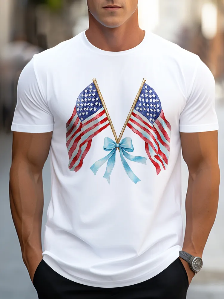 Man'S The Stars And Stripes Bow Round-Neck Short-Sleeved T-Shirt