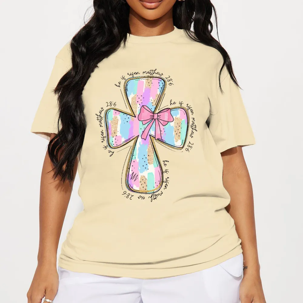 Colorful Cross Pattern With Pink Bow T-Shirt