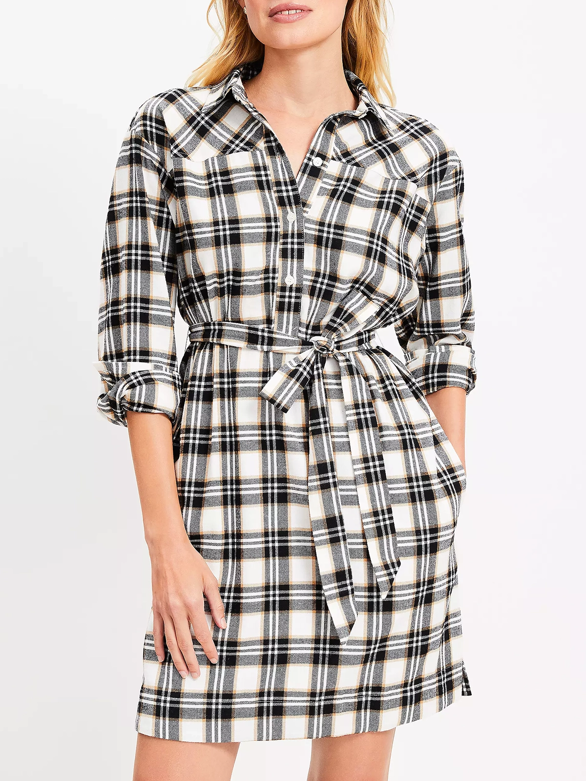 Plaid Belted Mini Pocket Shirtdress