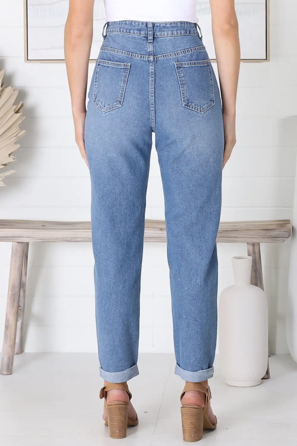 High Waisted Distressed Straight Leg Folded Cuff Jeans