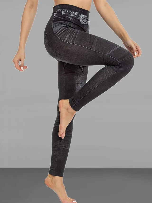 Women's Slim Pants Trousers Leggings Full Length Faux Denim Pocket High Cut High Elasticity High Waist Fashion Streetwear Street Causal Black Blue S M Summer Fall