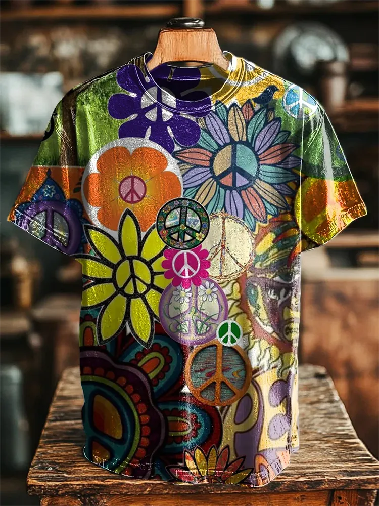 Women'S T-Shirt Retro Colored Flower Pattern Print Round-Neck And Short Sleeves