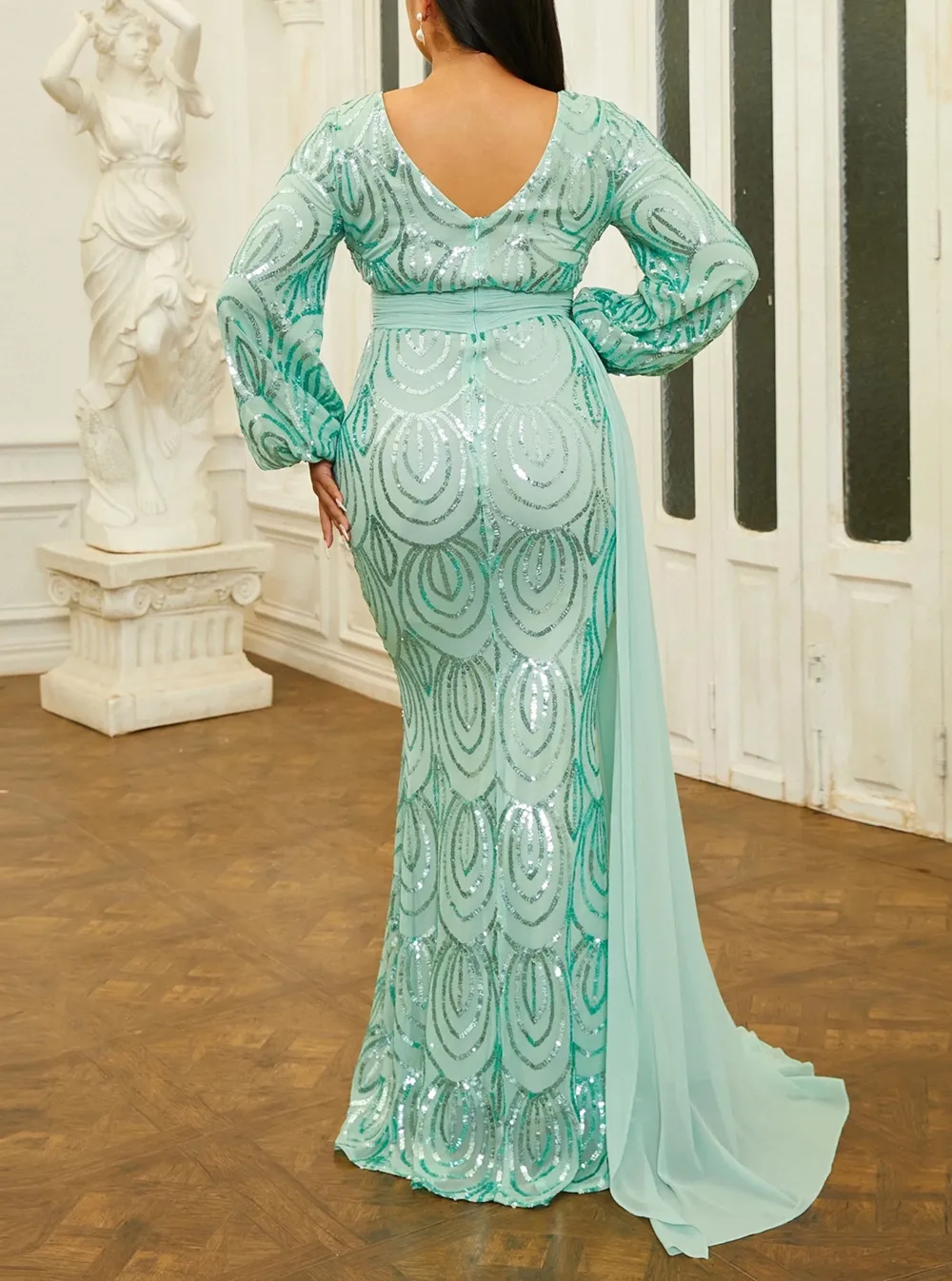 Formal Draping Sequin Long Sleeve Dress