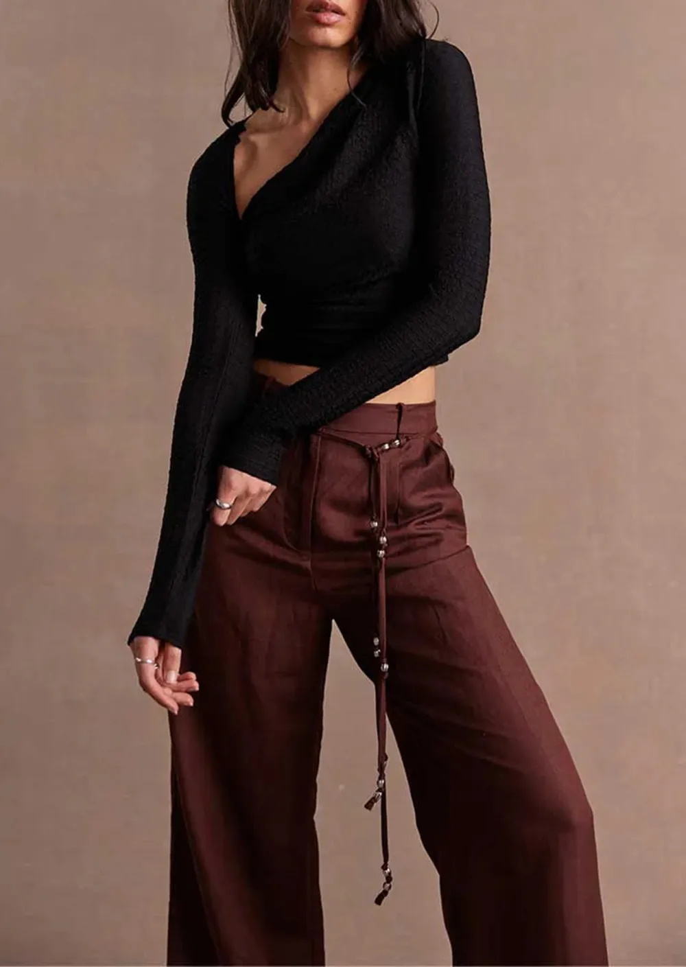 Black Cropped One Shoulder Long Sleeve Top