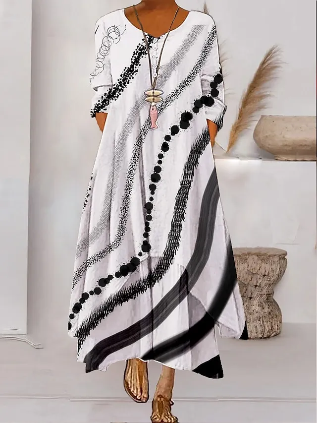 Women's Color Block Long Maxi Dress Button Layered Casual Dress Swing Dress Print Dress Fashion Modern Daily Vacation Weekend 3/4 Length Sleeve Crew Neck Dress Loose Fit Silver Black White