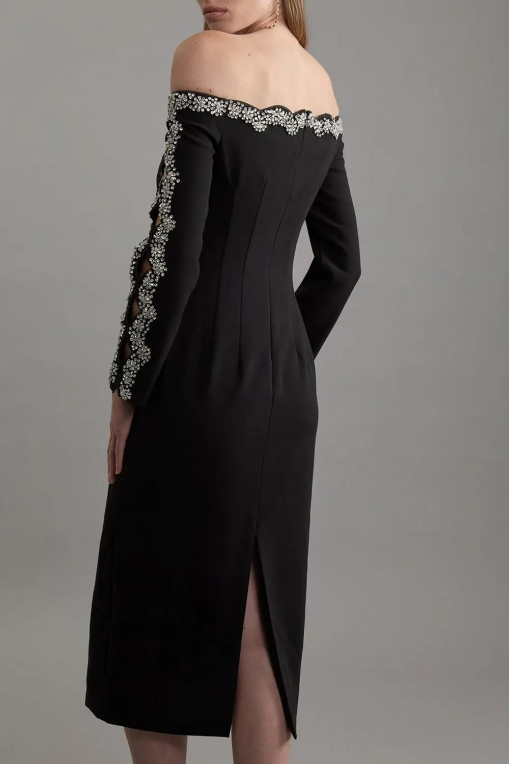 Crystal Embellished Scalloped Bardot Tailored Midaxi Dress