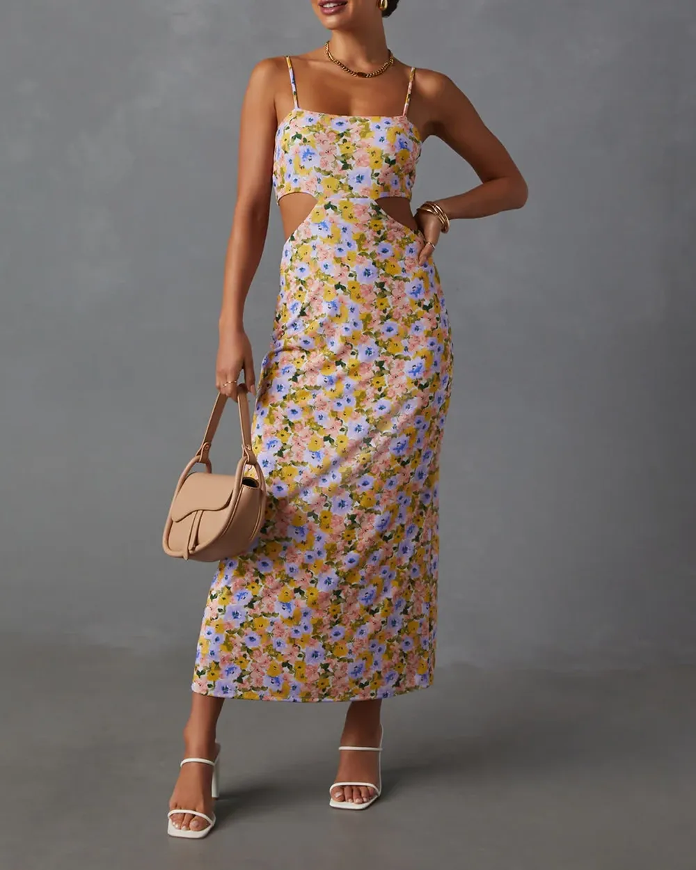 Sleeveless Side Cutout Floral Print Midi Dress