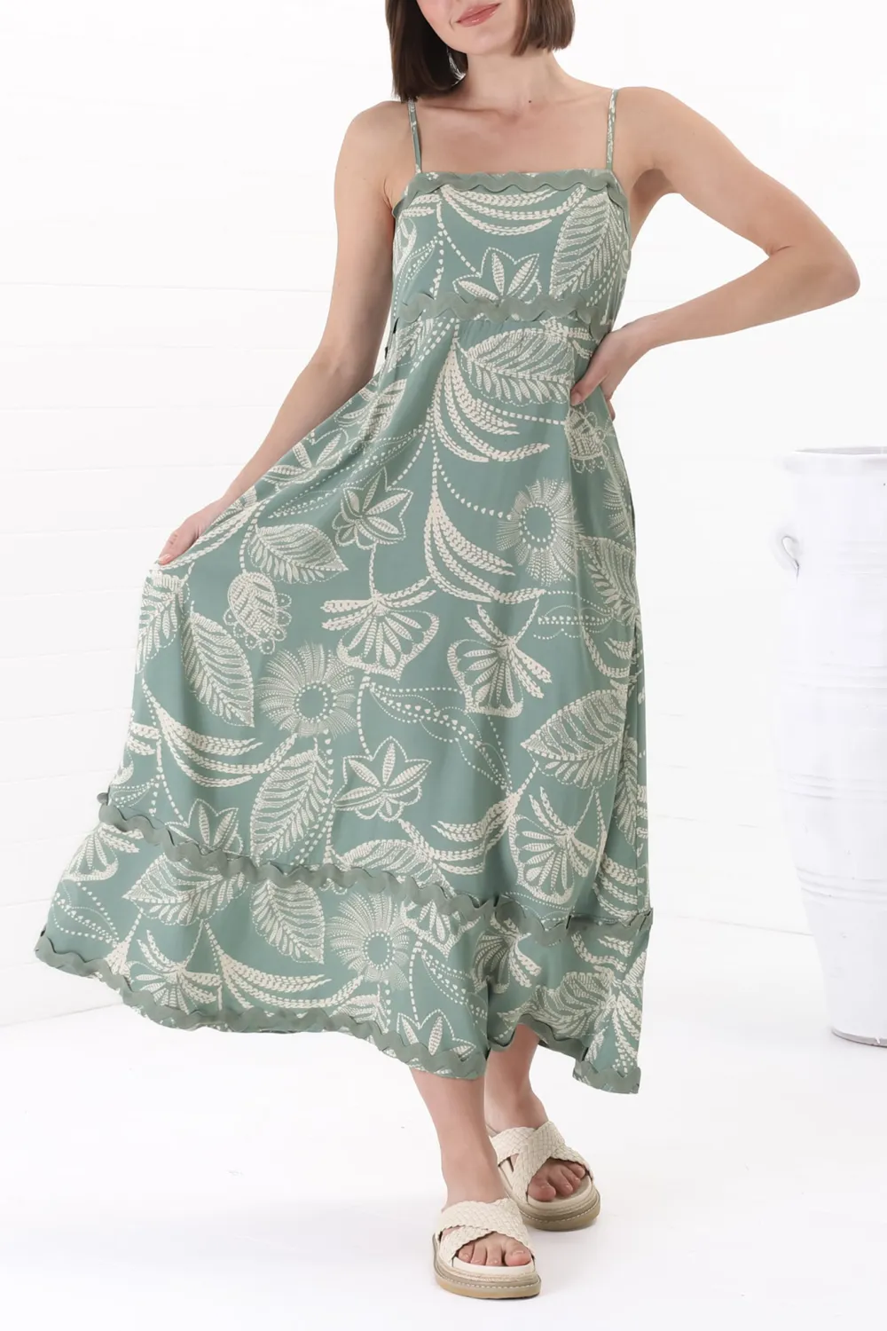 Light Green Leaf Print Slip Maxi Dress