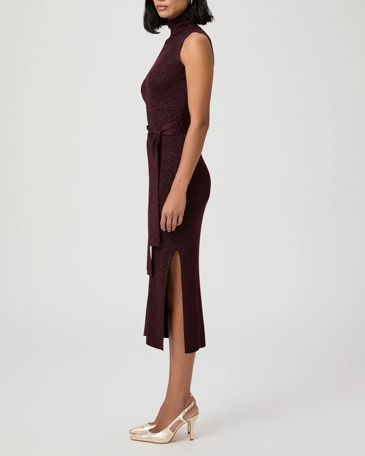 Burgundy Sleeveless Mock Neck Midi Dress