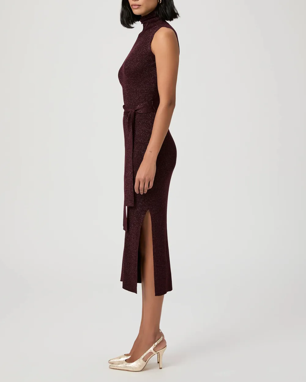 Burgundy Sleeveless Mock Neck Midi Dress