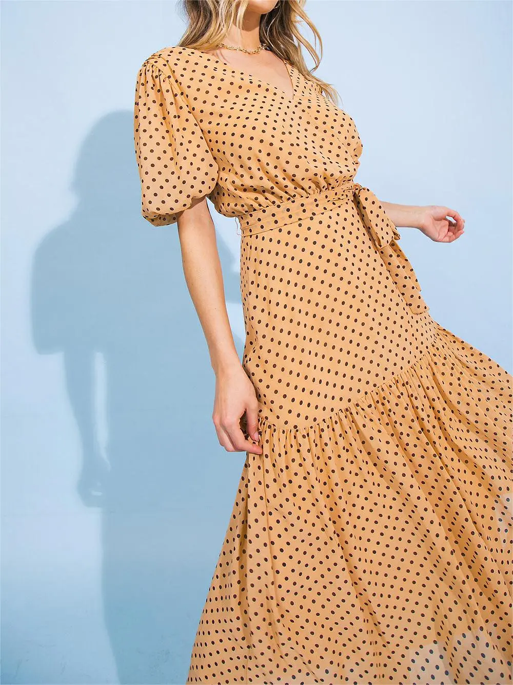 Tan Polka - Dot Wrap Midi Dress