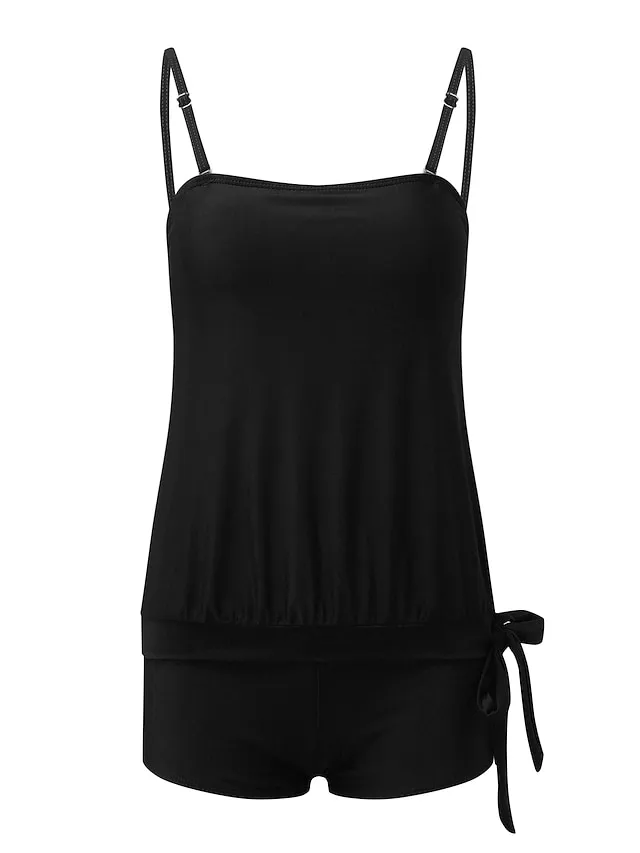 Women's Swimwear Tankini 2 Piece Normal Swimsuit 2 Piece High Waist Open Back Pure Color Green Black Blue Purple Dusty Blue Camisole Padded Strap Bathing Suits New Vacation Holiday / Modern
