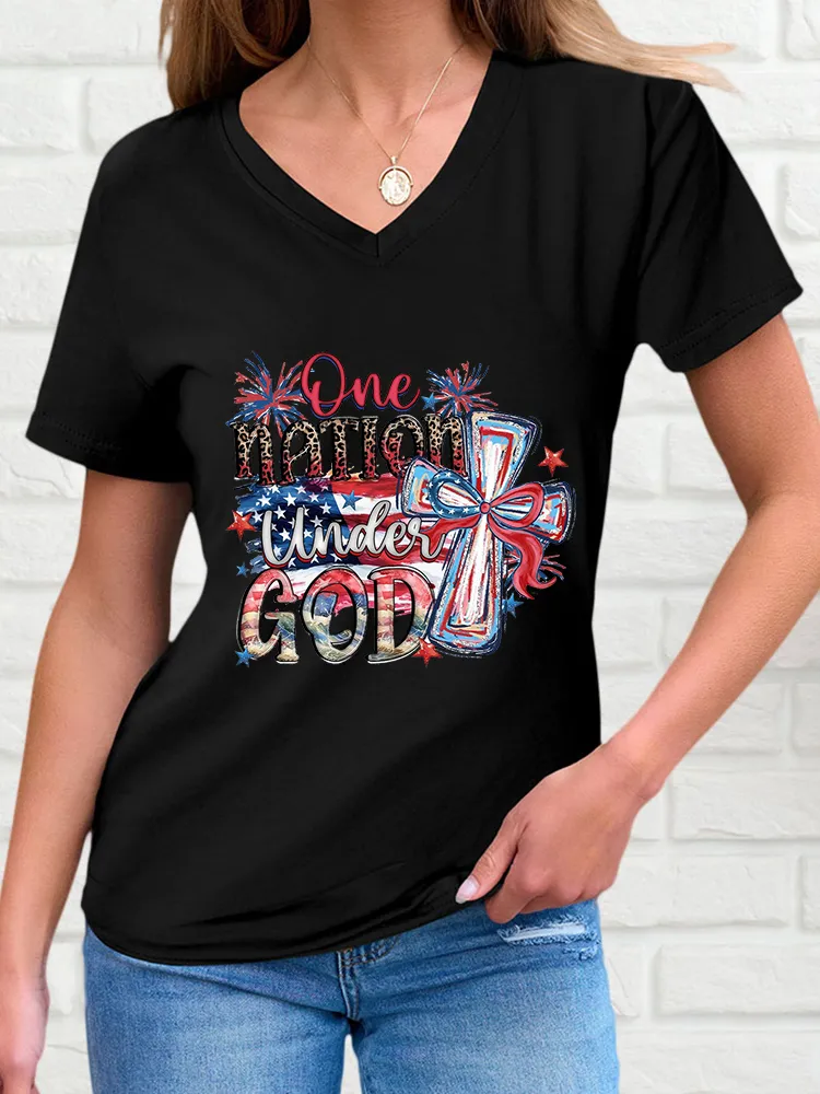 Woman'S One Nation Under God V-Neck And Short Sleeves T-Shirt