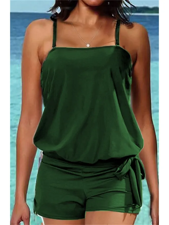 Women's Swimwear Tankini 2 Piece Normal Swimsuit 2 Piece High Waist Open Back Pure Color Green Black Blue Purple Dusty Blue Camisole Padded Strap Bathing Suits New Vacation Holiday / Modern