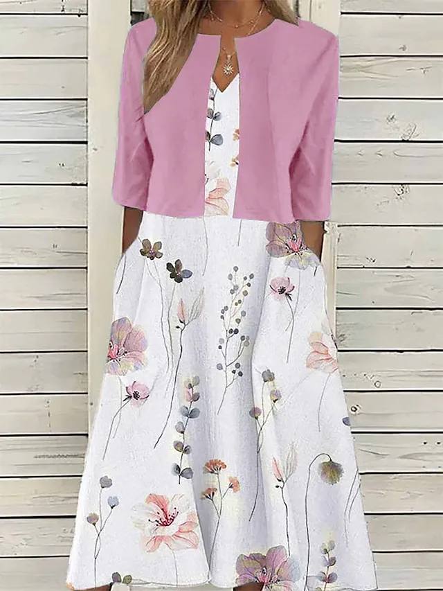 Women's Two Piece Dress Set Casual Dress Print Dress Outdoor Daily Fashion Elegant Pocket Print Midi Dress V Neck Half Sleeve Floral Regular Fit Pink Blue Purple Summer Spring S M L XL XXL