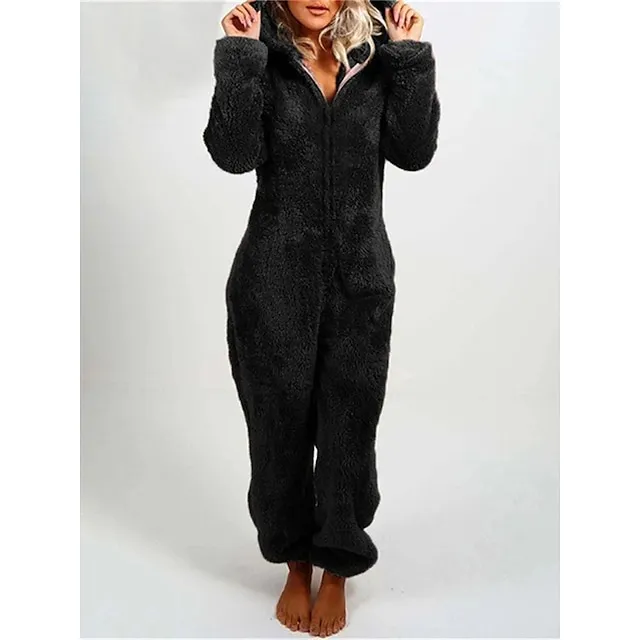 Women's Plus Size Adult Onesies Onesie Pajamas Pajama for Adult Pure Color Warm Fashion Plush Home Christmas Daily  Warm Hoodie Long Sleeve Fall Winter Black Red