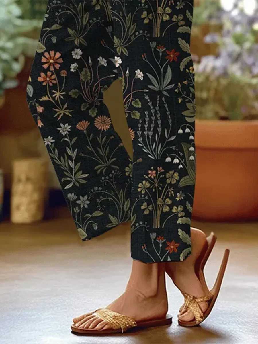 Women's Forest Floral Print Casual Pants (With Pockets)