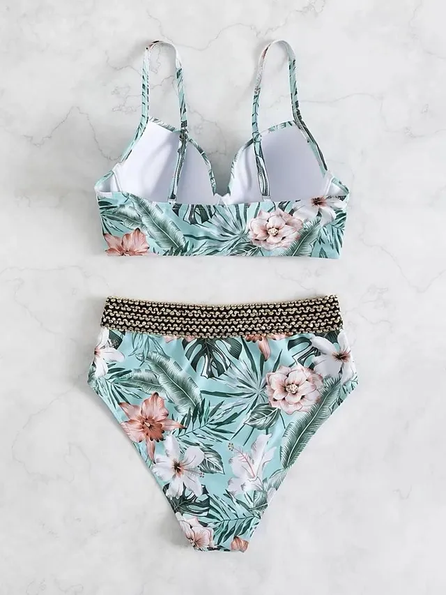 Women's Swimwear Bikini Normal Swimsuit 2 Piece Printing Floral Purple Green Bathing Suits Sports Beach Wear Push Up