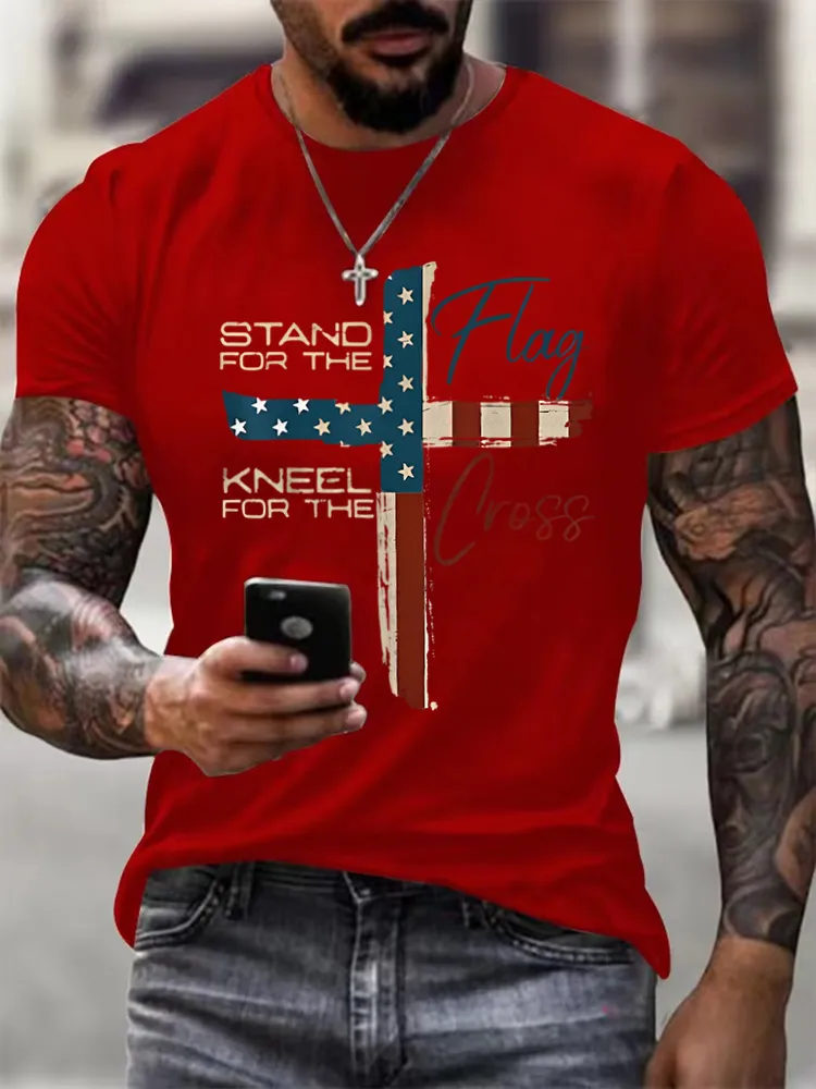 Man'S Stand For The Flag Kneel For The Cross Print Round-Neck Short-Sleeved T-Shirt