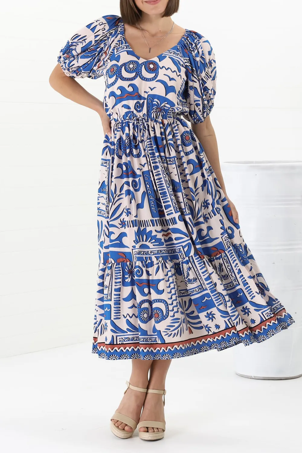 Blue Printed Puff Sleeve Midi Dress