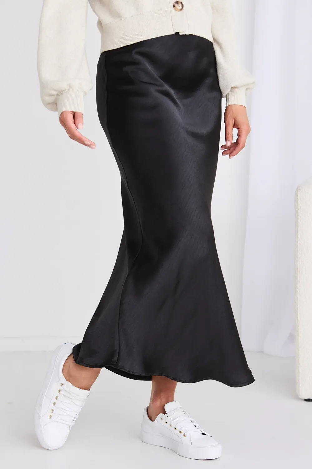 Black Satin Bias Midi Skirt