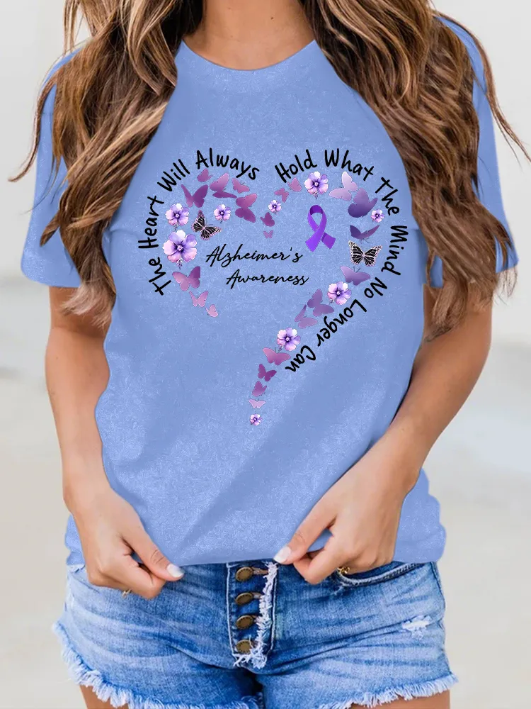 Women'S The Heart Will Always Hold What The Mind No Longer Can Alzheimer'S Awareness Round-Neck Short-Sleeved T-Shirt