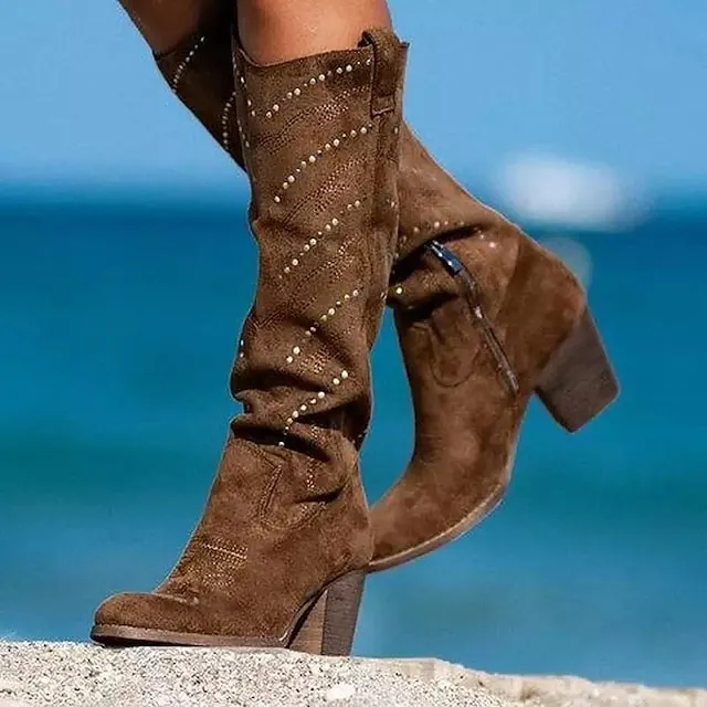 Women's Boots Suede Shoes Slouchy Boots Plus Size Work Daily Knee High Boots Winter Rivet Embroidery Block Heel Pointed Toe Elegant Casual PU Leather Zipper Solid Colored Embroidered Black White