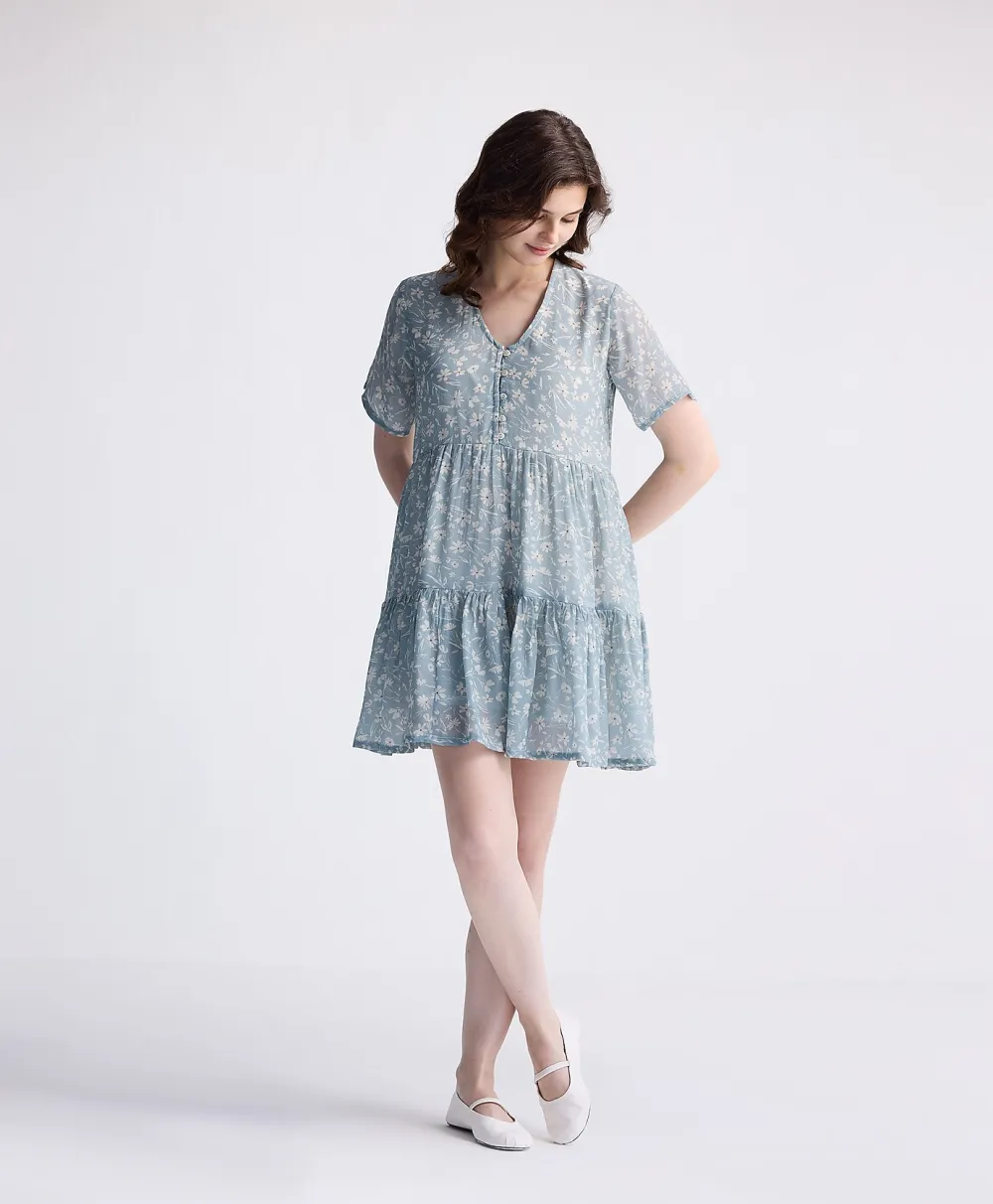 Reistor® Floral Short Tiered dress in Light Blue