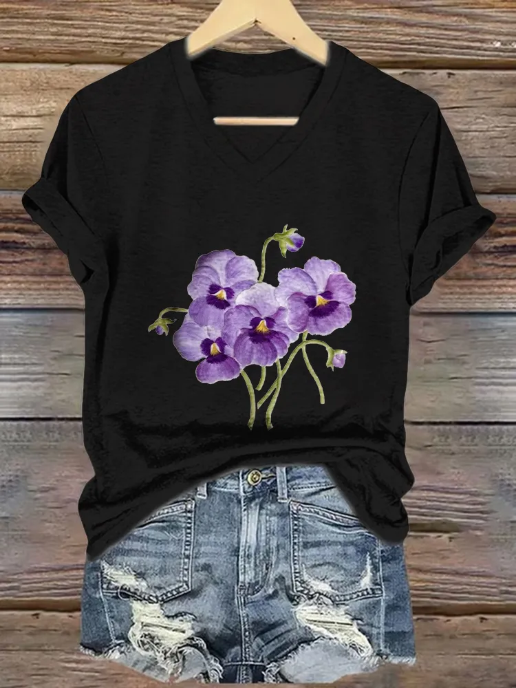 Women'S Floral Print Alzheimer'S Awareness V-Neck Short-Sleeved T-Shirt