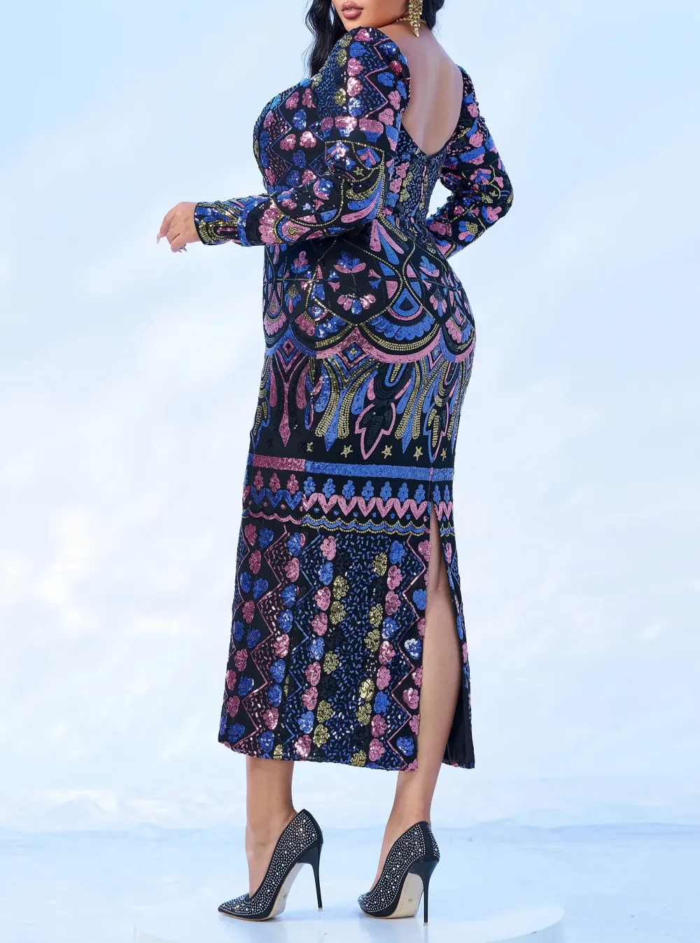 Square Neck Long Sleeve Split Sequin Dress