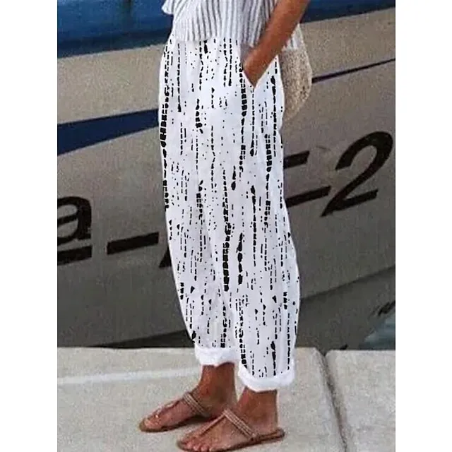 Women's Wide Leg Pants Trousers Baggy Ankle-Length Faux Linen Side Pockets Baggy Micro-elastic Mid Waist Fashion Designer Casual Weekend Gray Green White / Black S M