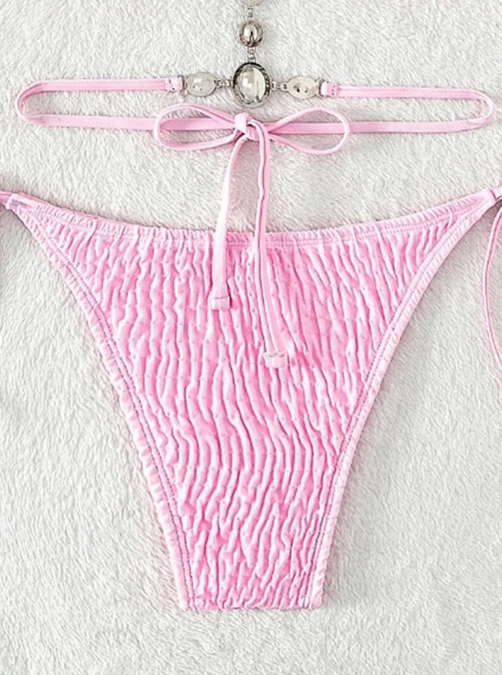 Rhinestone Ruched Pink One-piece Bikini