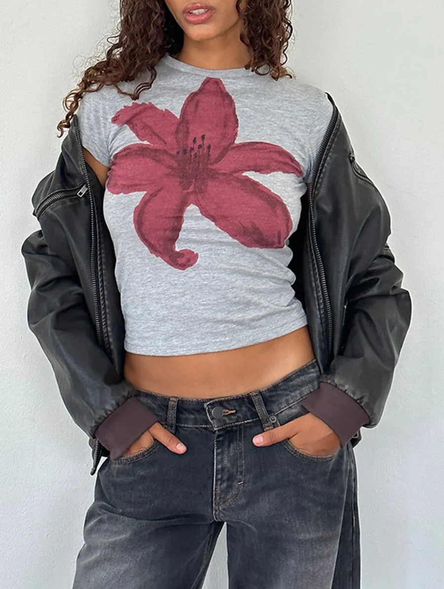 Grey Marl Painted Flower Graphic Sutin Tee