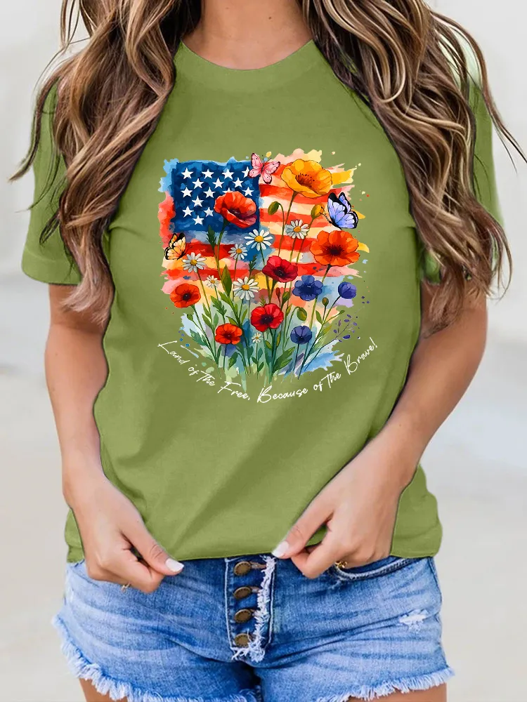 Woman'S Land Of The Free Because Of The Brave Round-Neck Short-Sleeved T-Shirt