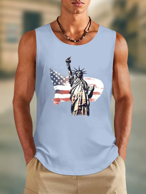 Men'S The Stars And Stripes And The Statue Of Liberty Print Round-Necked Sleeveless Vest