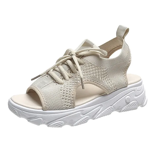 Women's Sandals Lace Up Sandals Strappy Sandals Flyknit Shoes Work Daily Summer Platform Open Toe Casual Minimalism Tissage Volant Lace-up Solid Color Black White Pink