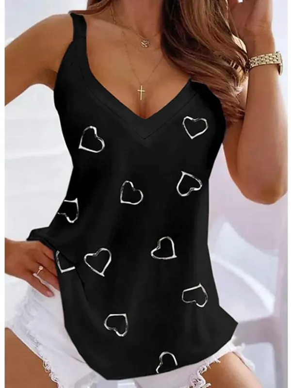 Women's Tank Top Going Out Tops Summer Tops Heart Black White Pink Print Sleeveless Casual Weekend Tunic Basic V Neck Regular Fit