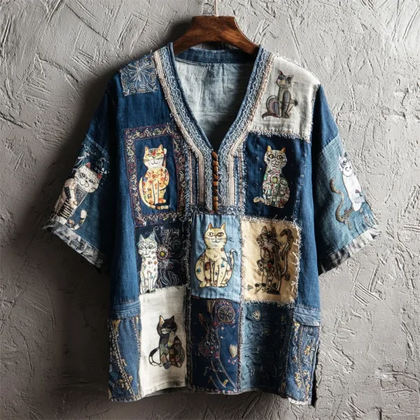 Vintage Shabby Patchwork Cats Women's Linen V-neck T-shirt