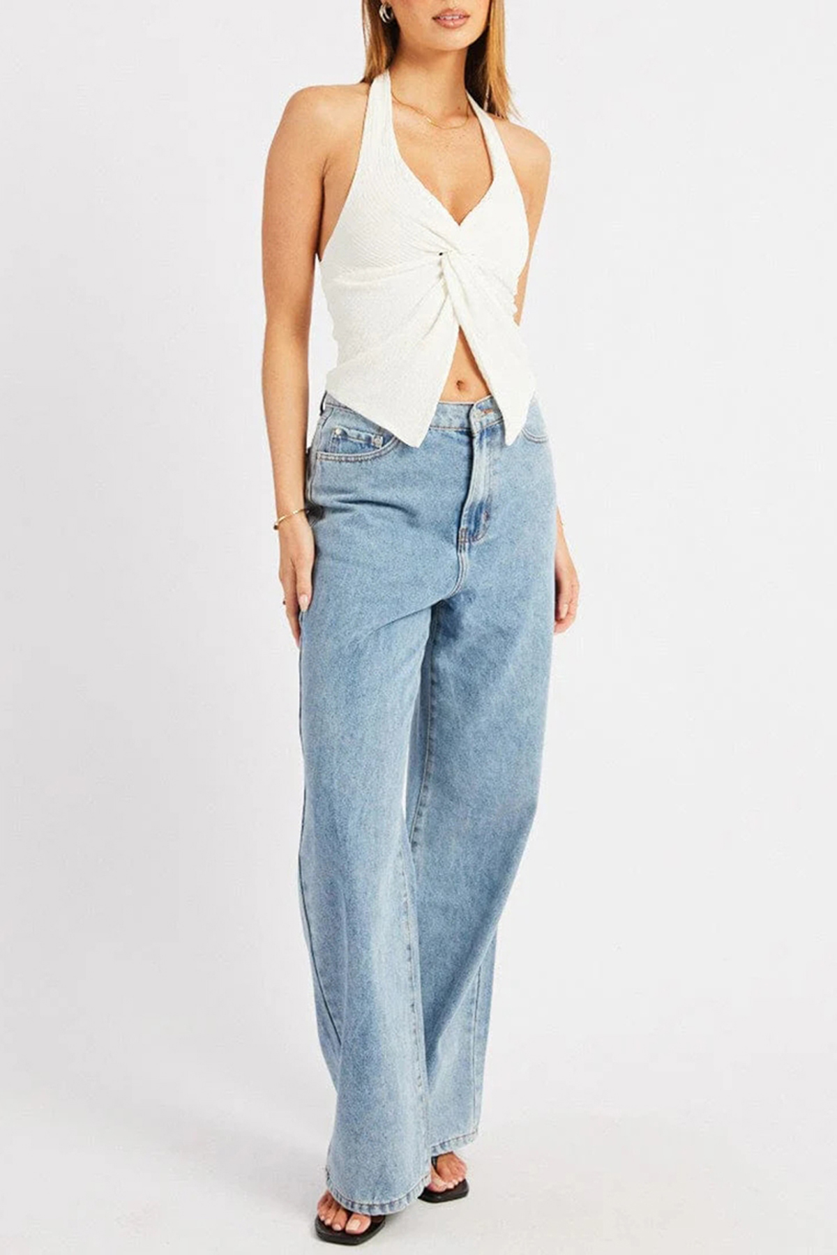 White Halter Neck Top Textured