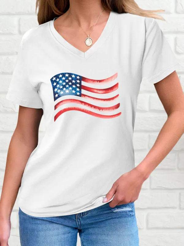 Woman'S Stars And Stripes Print V-Neck And Short Sleeves T-Shirt