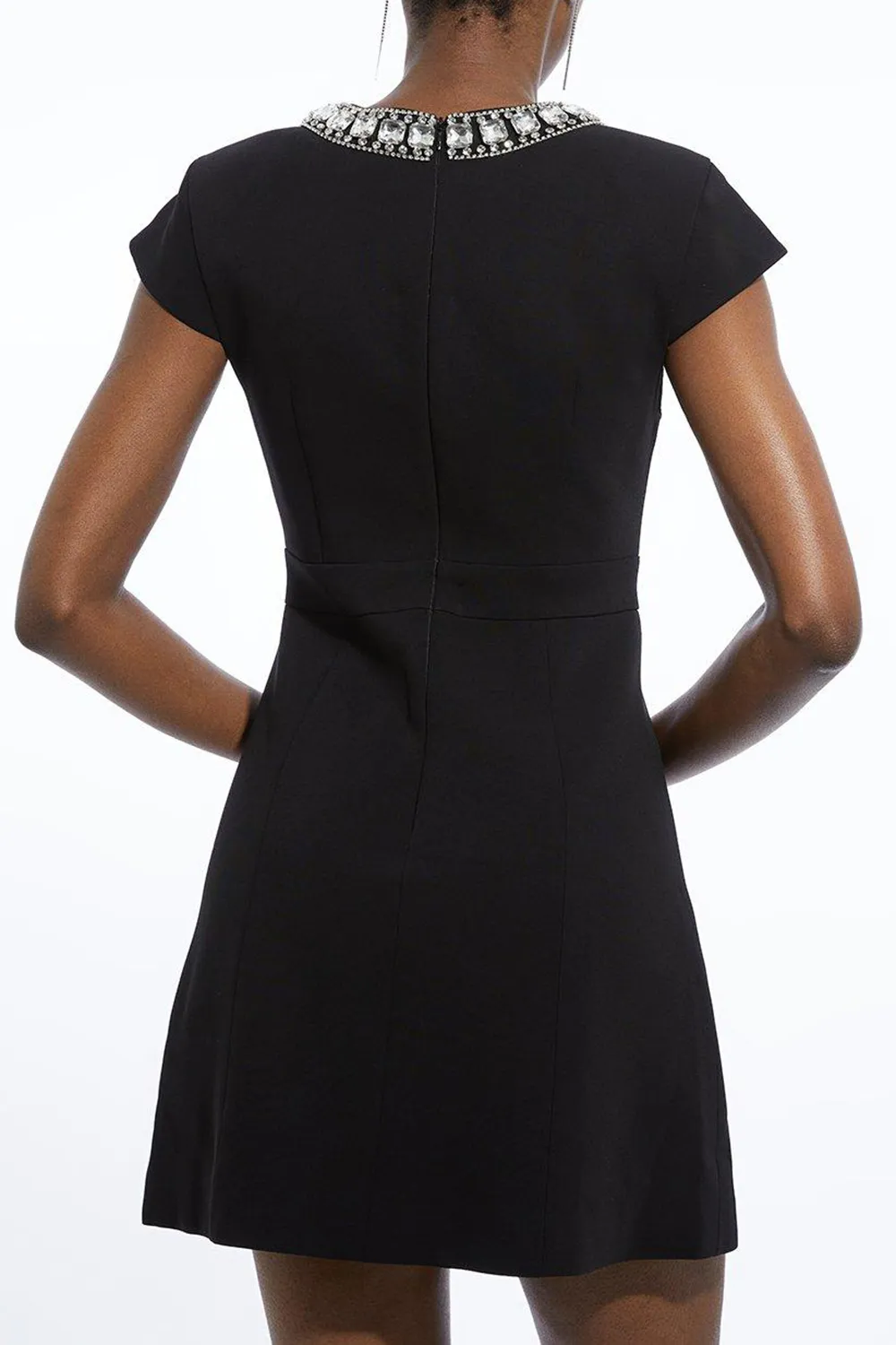 Tailored Compact Viscose Stretch Embellished Cap Sleeve Mini Dress