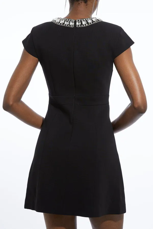 Tailored Compact Viscose Stretch Embellished Cap Sleeve Mini Dress