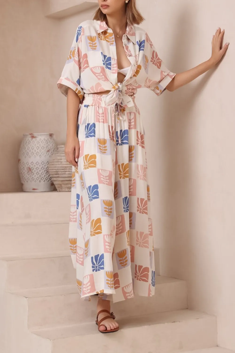 White Color Block Print Short Sleeve Shirt