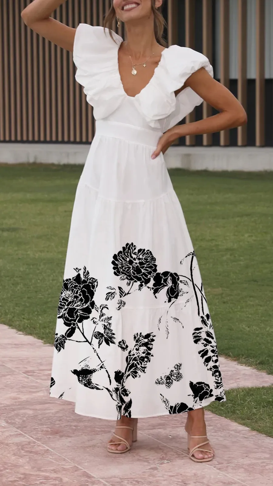 V-Neck Layered Sleeves Casual Midi Dress