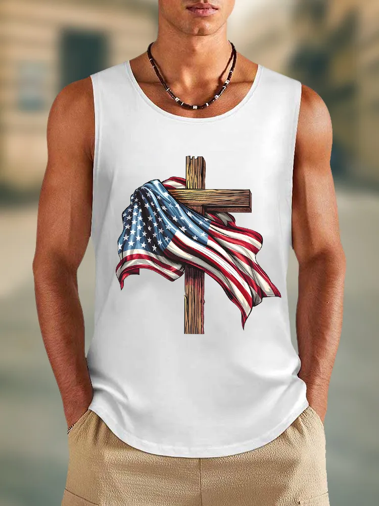 Men'S The Stars And Stripes Cross Print Round-Necked Sleeveless Vest