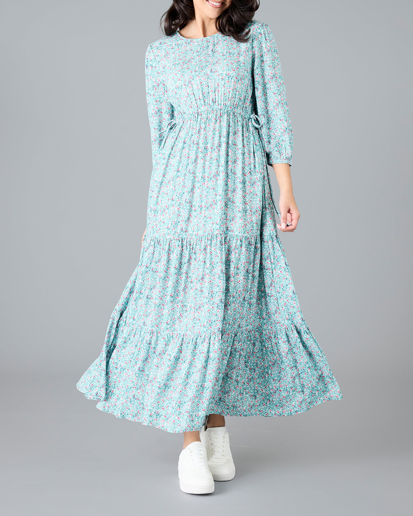 Blue Floral Print Tiered Maxi Dress