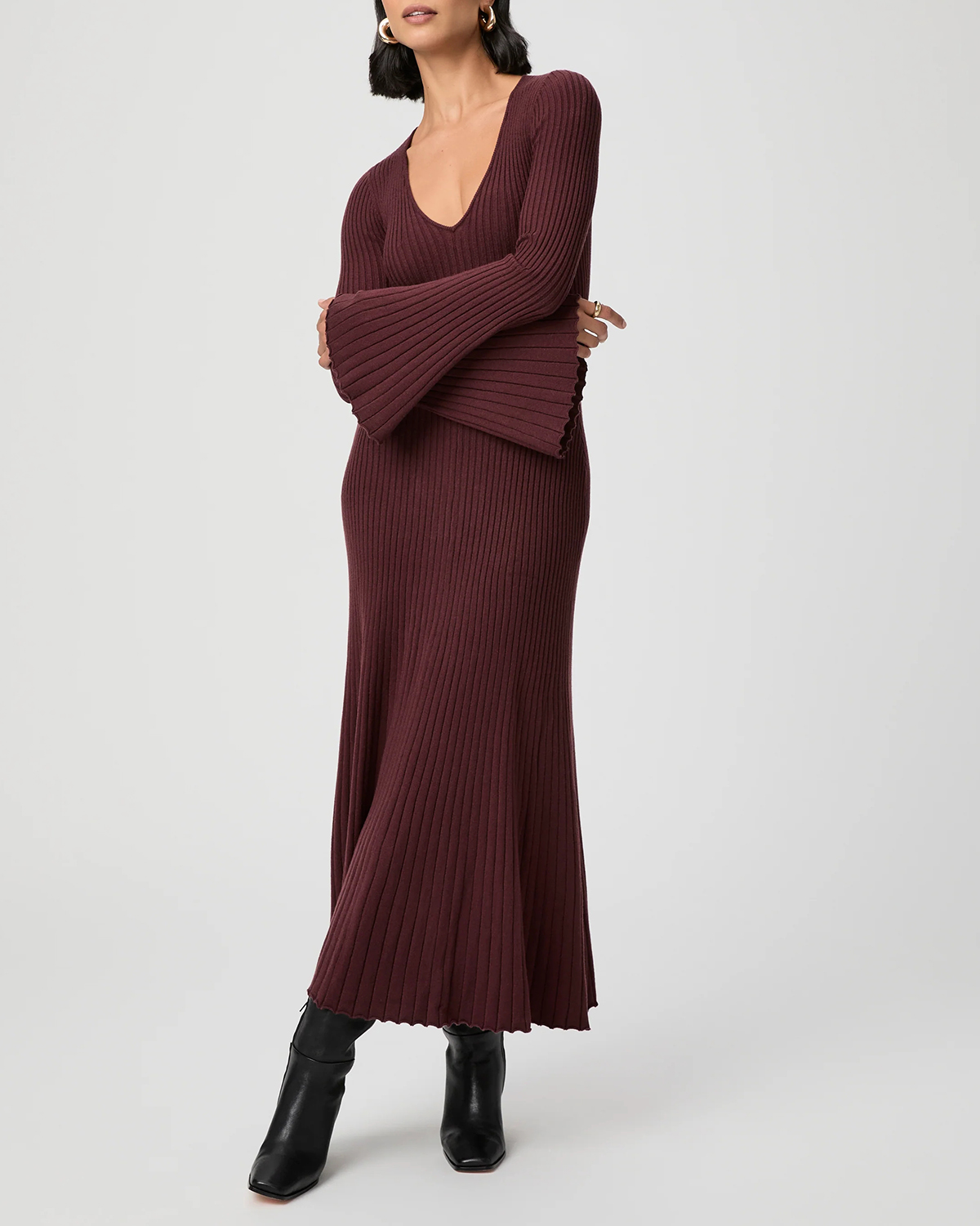 Burgundy Ribbed Long Sleeve Maxi Dress