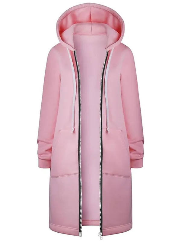 Women's Casual Jacket Fall Windproof Hoodie Jacket with Pockets Casual Workout Regular Long Coat Warm Stylish Long Sleeve Plain Black Pink Wine Sport Street